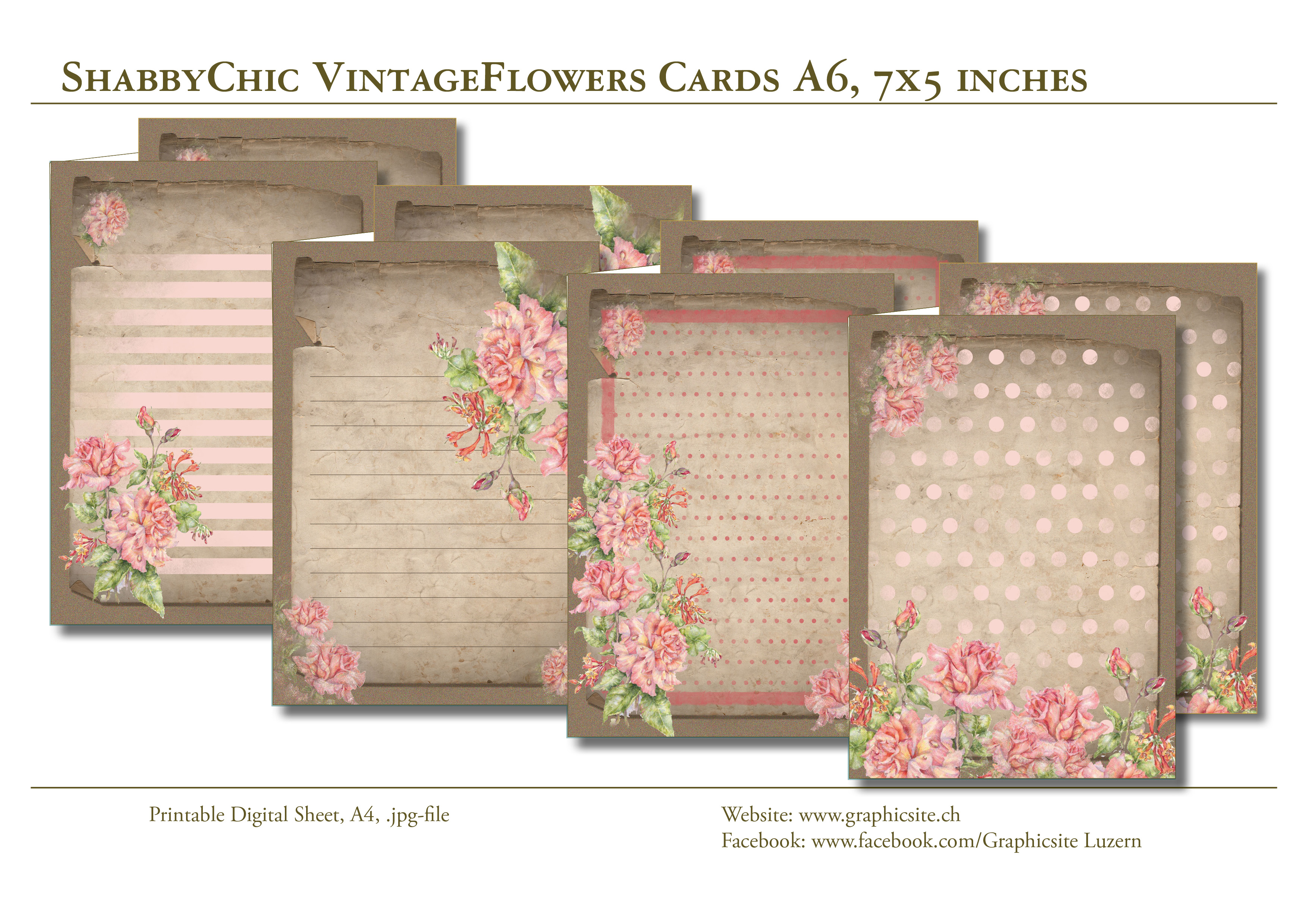 Printable Digital Sheets - Greeting Cards, CardCollection, Flowers, Vintage, ShabbyChic, Rose, Graphic Design, Luzern,
